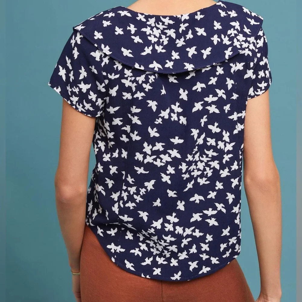 Anthropologie Austen Collared Navy and White Bird Motif  Blouse Top Size 12_6